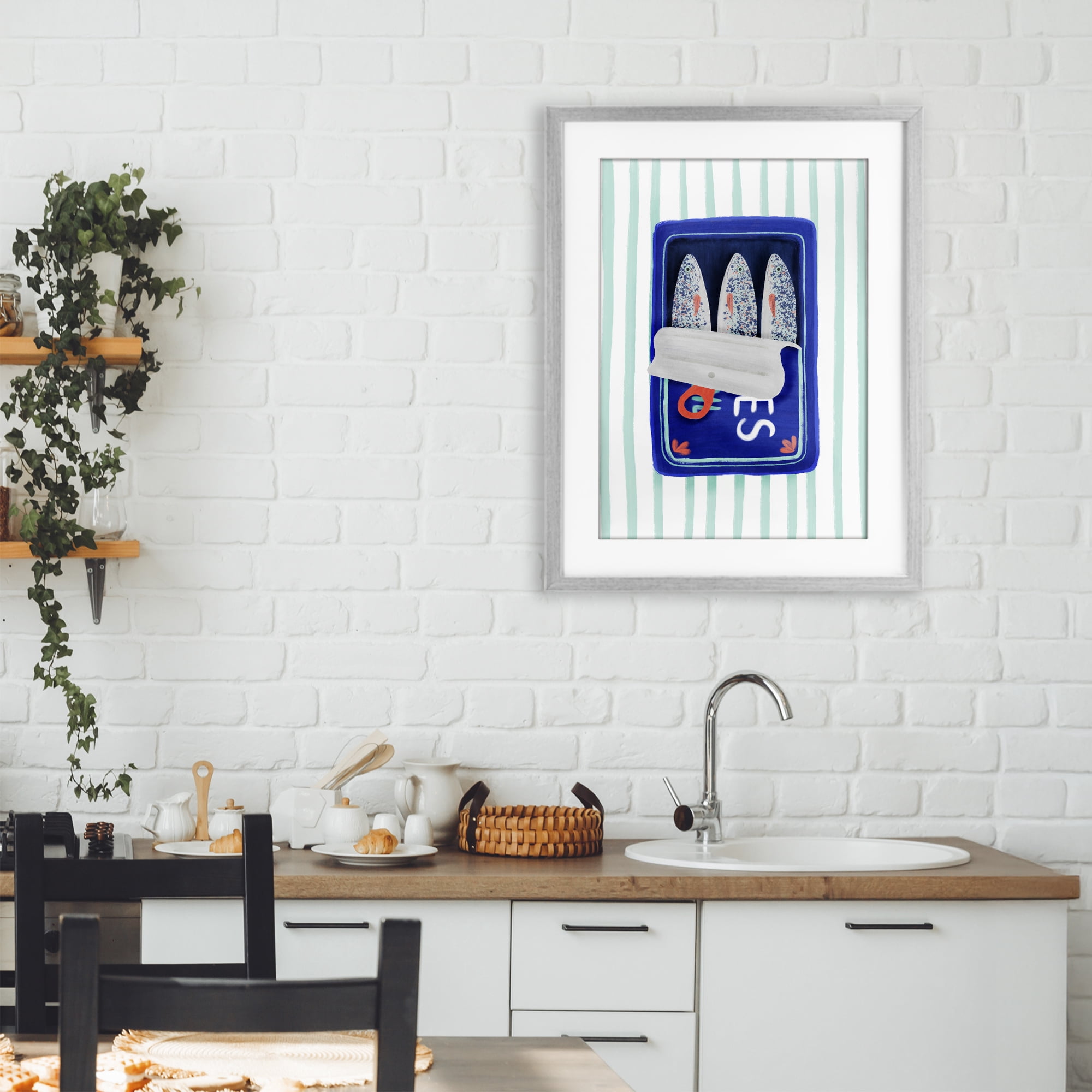 Stupell Industries Blue Sardines on Stripes Gray Framed Print Under Glass, design by Metka Hiti