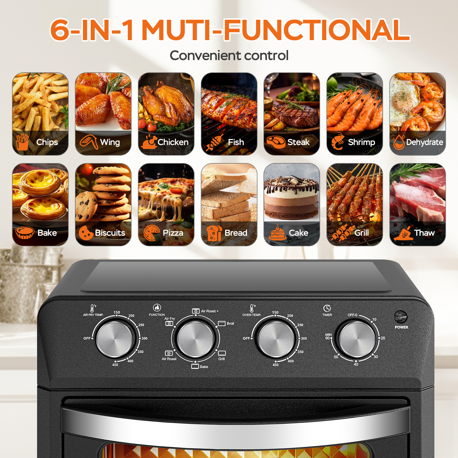 Plum Chef 27.5QT Air Fryer Toaster Oven Combo, 6-in-1 Countertop Convection Oven with Air Fry, Bake, Broil, Toast, Warm & Dehydrate, Includes Tray & Rack, Family Size, Stainless Steel Door, Black