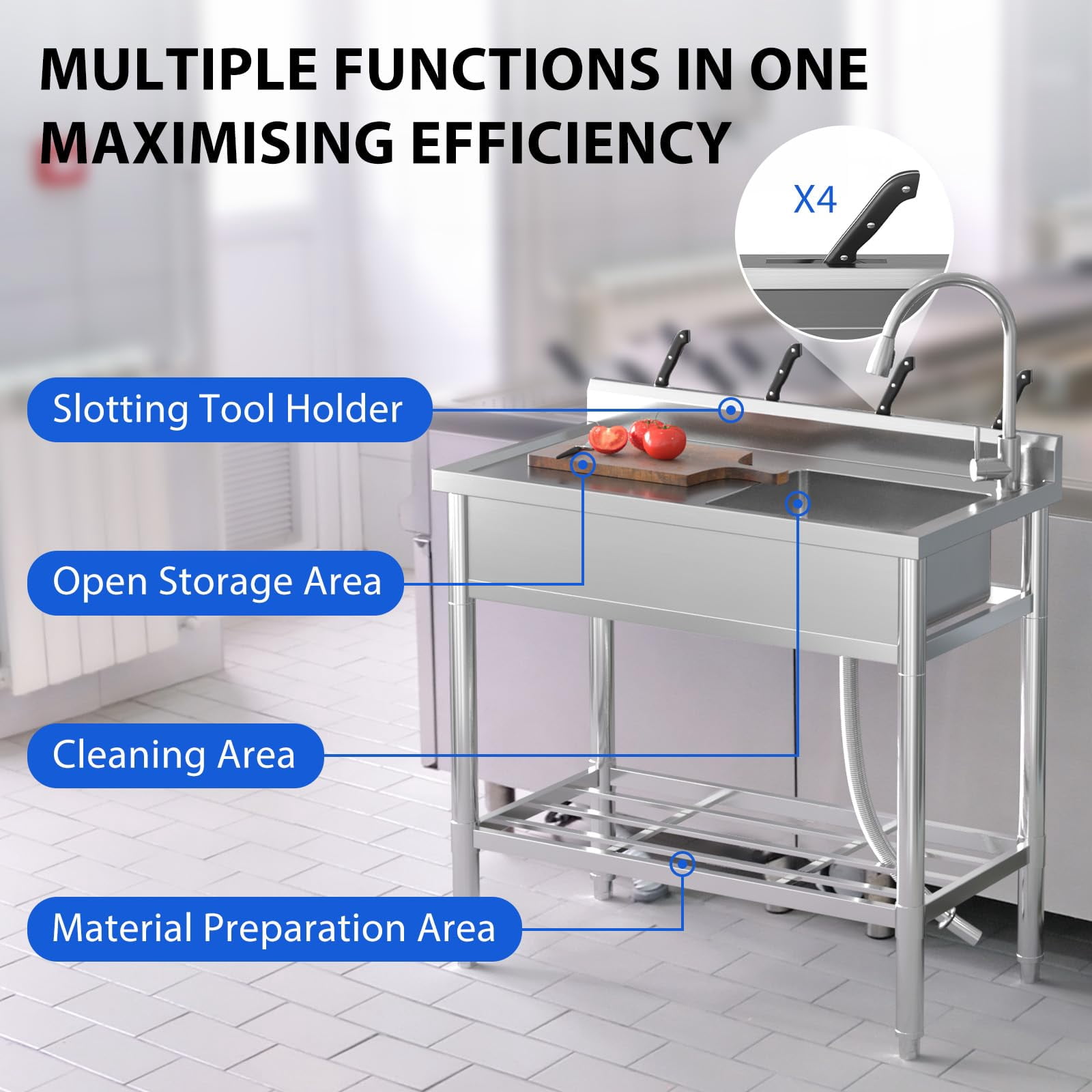 TEQIN Stainless Steel Utility Sink, Free Standing Single Bowl Commercial Kitchen Sink with Faucet, Utility Basin Workbench with Water Pipe for Garage Restaurant Laundry Bathroom