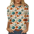 thumbnail image 2 of SDNall Thanksgiving Shirts for Women Casual 3/4 Sleeve Crewneck Cute Tops Halloween Thanksgiving Funny Pumpkin Print Trendy Tops Three Quarter Length T Shirt (S-XXXL,Beige), 2 of 5