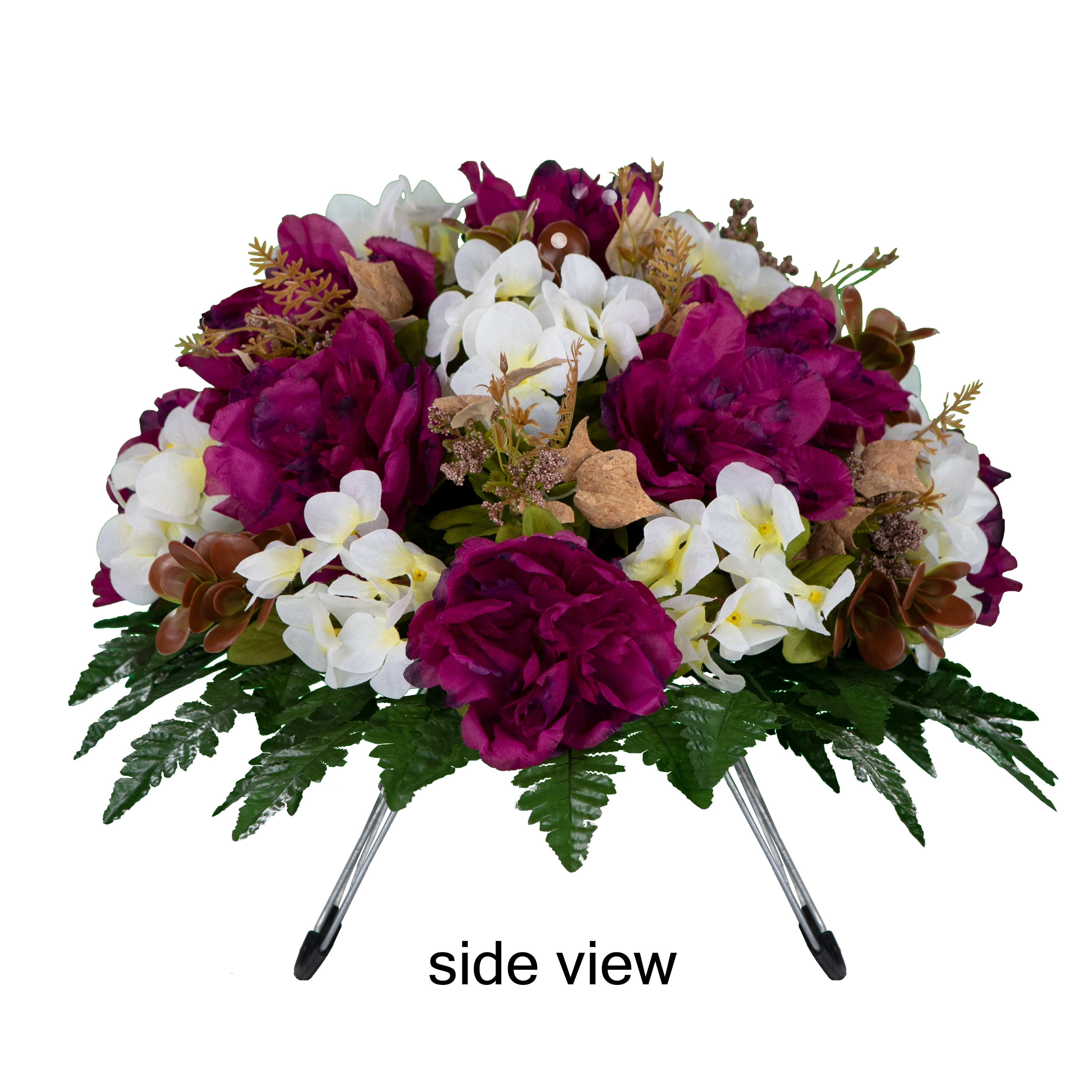 Sympathy Silks Artificial Cemetery Flowers Plum Peony and White Hydrangea Saddle for Headstone