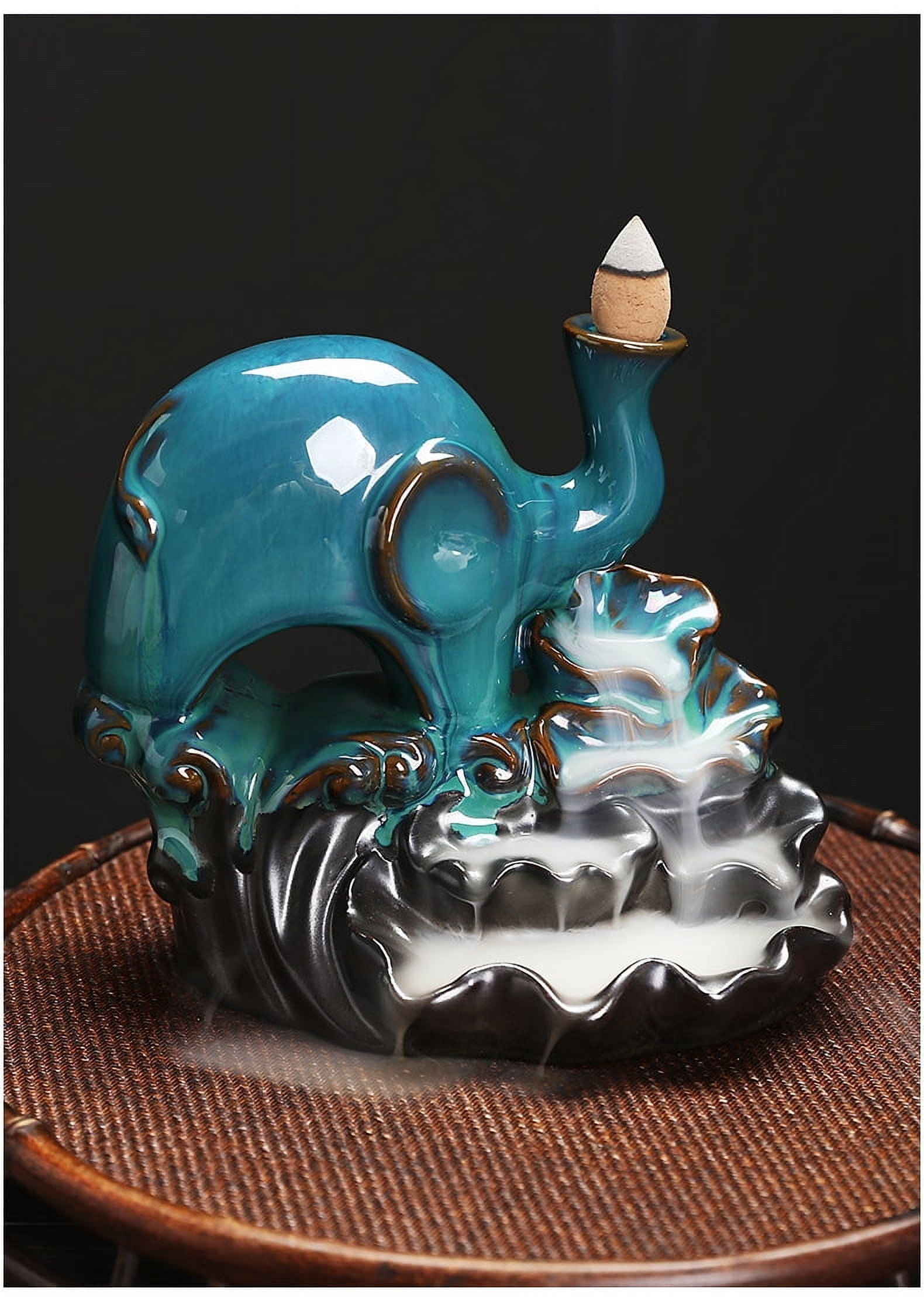 Ceramic Lotus Leaf Sandalwood Incense Burner Smoke Elephant Backflow Incense Holder Home Crafts and Ornaments