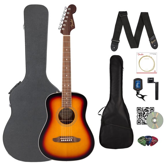 Fender California Standard Redondo Mini Acoustic Guitar - 3 Color Sunburst Bundle with Hard Case, Gig Bag, Tuner, Strings, Strap, String Winder, Picks, and Austin Bazaar Instructional DVD