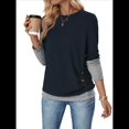 thumbnail image 2 of Camisetas Casuales de Punto para Mujer, Camisetas de Larga con Cuello Redondo y Bloques de Color, Túnicas con Detalle de Botones Azul Marino S, 2 of 9