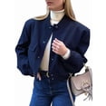thumbnail image 2 of Women'S Button Down Bombers Jacket Drop Shoulder Short Cropped Coat Outwear Navy Blue M, 2 of 9