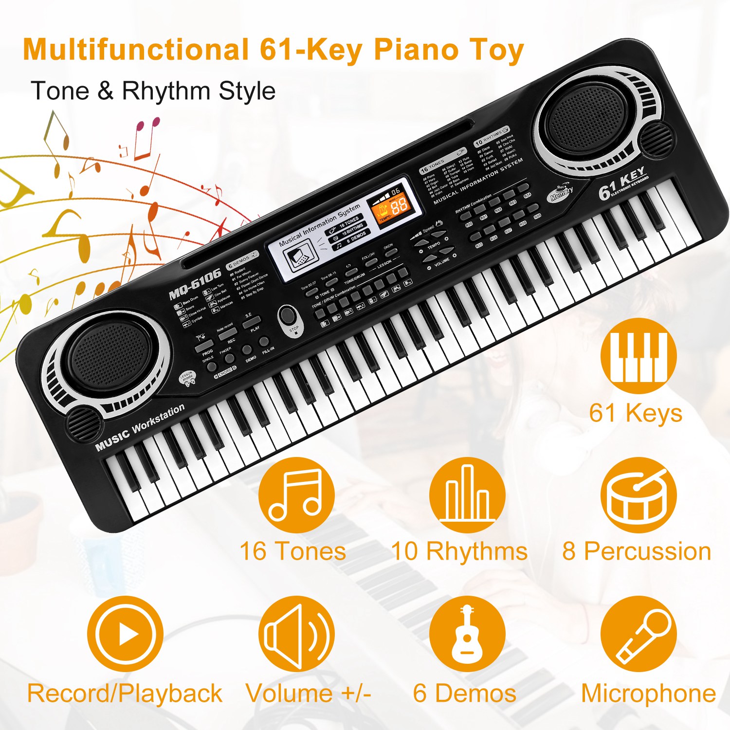 61-Key Digital Electronic Keyboard Piano – Multifunctional Musical Instrument with Microphone, 16 Tones, 10 Rhythms – Ideal for Beginners