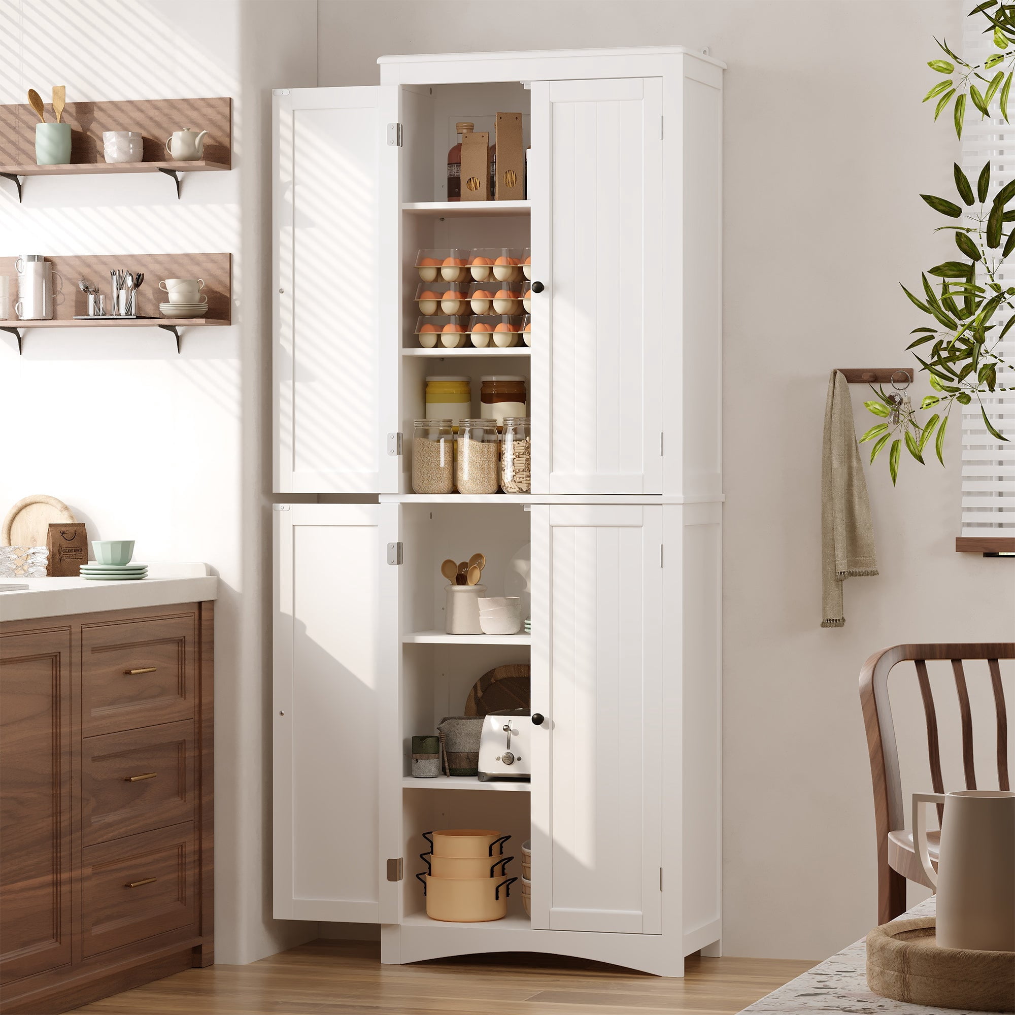 Aiho 66.9" Bathroom Storage Cabinet, Freestanding Wooden Linen Cabinet with 4 Doors & Adjustable Shelves for Bathroom, Kitchen, White