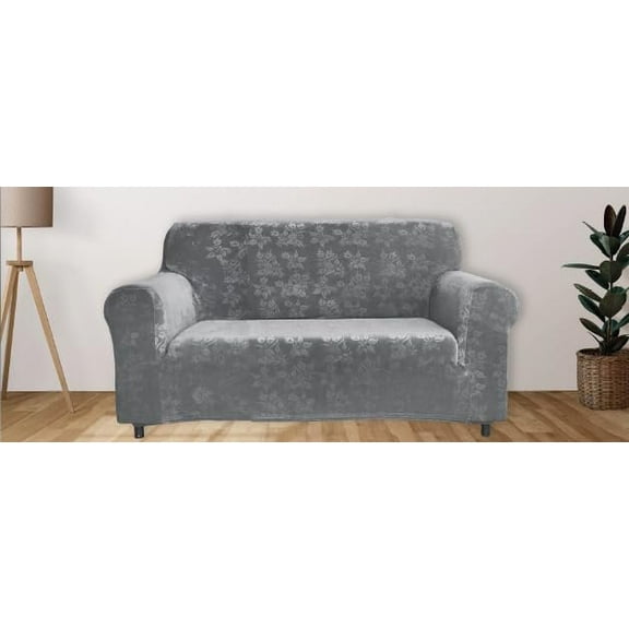 J&V TEXTILES Rich Floral Pattern Velvet Stretch Chair Cover Chair Slipcover Sofa Cover Furniture Protector Couch Soft with Elastic Bottom Chair Couch Cover with Arms Gray, Love Seat