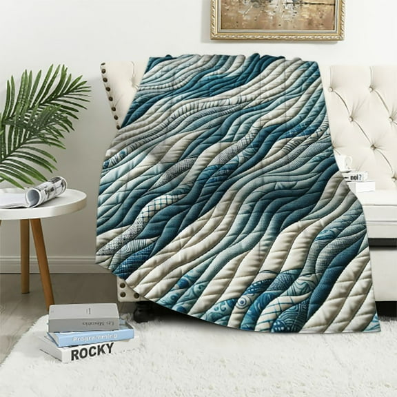 COMIO Blue Wave Quilted Throw Blanket | Summer Beach Nautical Lap Quilt for Couch and Bed