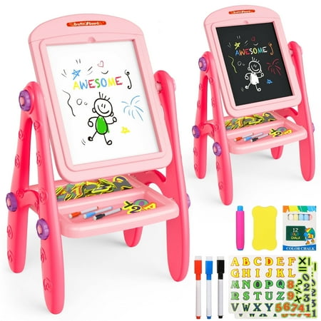 Beefunni 2 in1 Kids Easel Pink Drawing & Learning Board Gifts for Toddlers Girls 3-6 Years Blackboard(Chalkboard)& Whiteboard(Magnetic) Birthday Gifts for Girls.