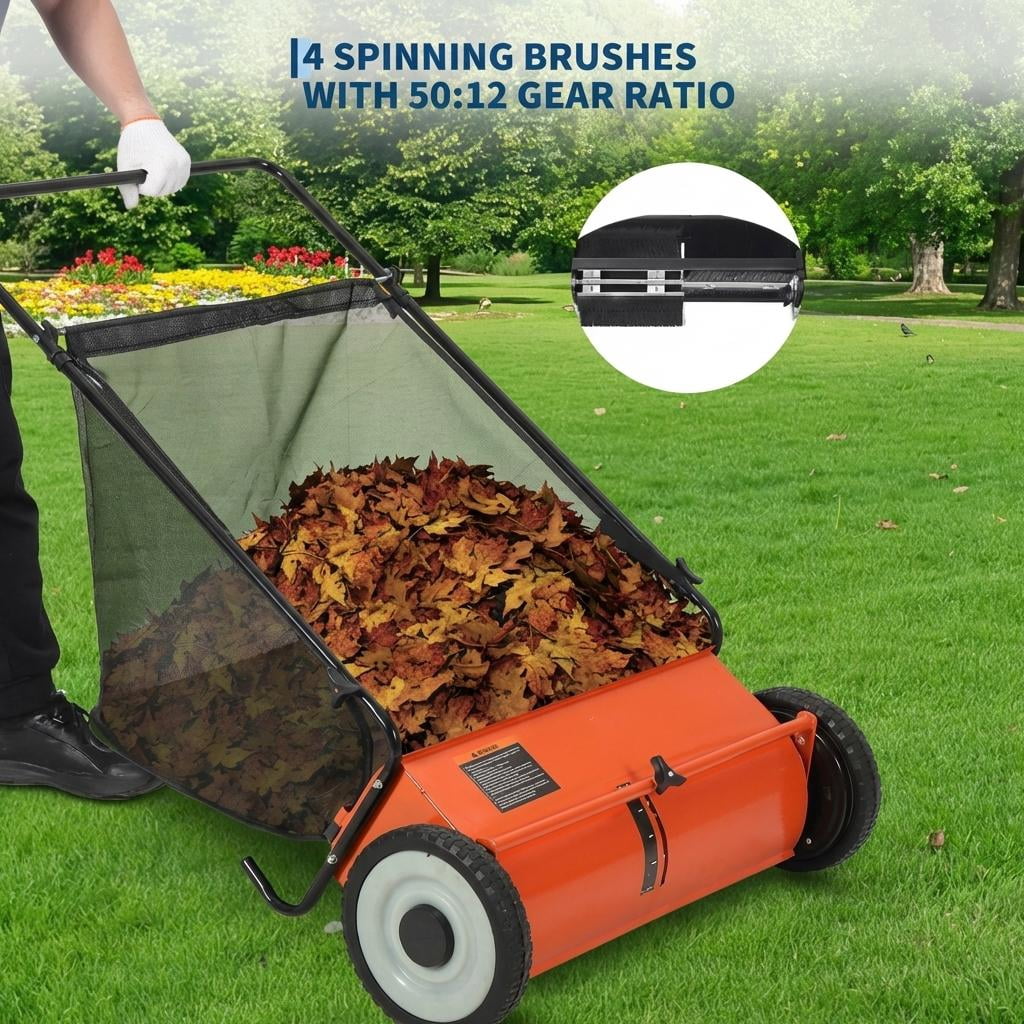 26-Inch Push Leaf Collector, 7 Cubic Feet Hopper Lawn Sweeper with 4 Rotating Brushes, Heavy-Duty Steel Frame for Yard/Driveway/Patio Cleaning, Orange