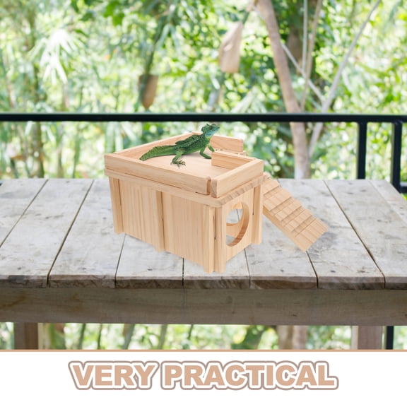 TEHAUX Wooden Reptile Habitat Hide Cave with Ramp and Basking Platform for Bearded Dragons and Other Small Reptiles