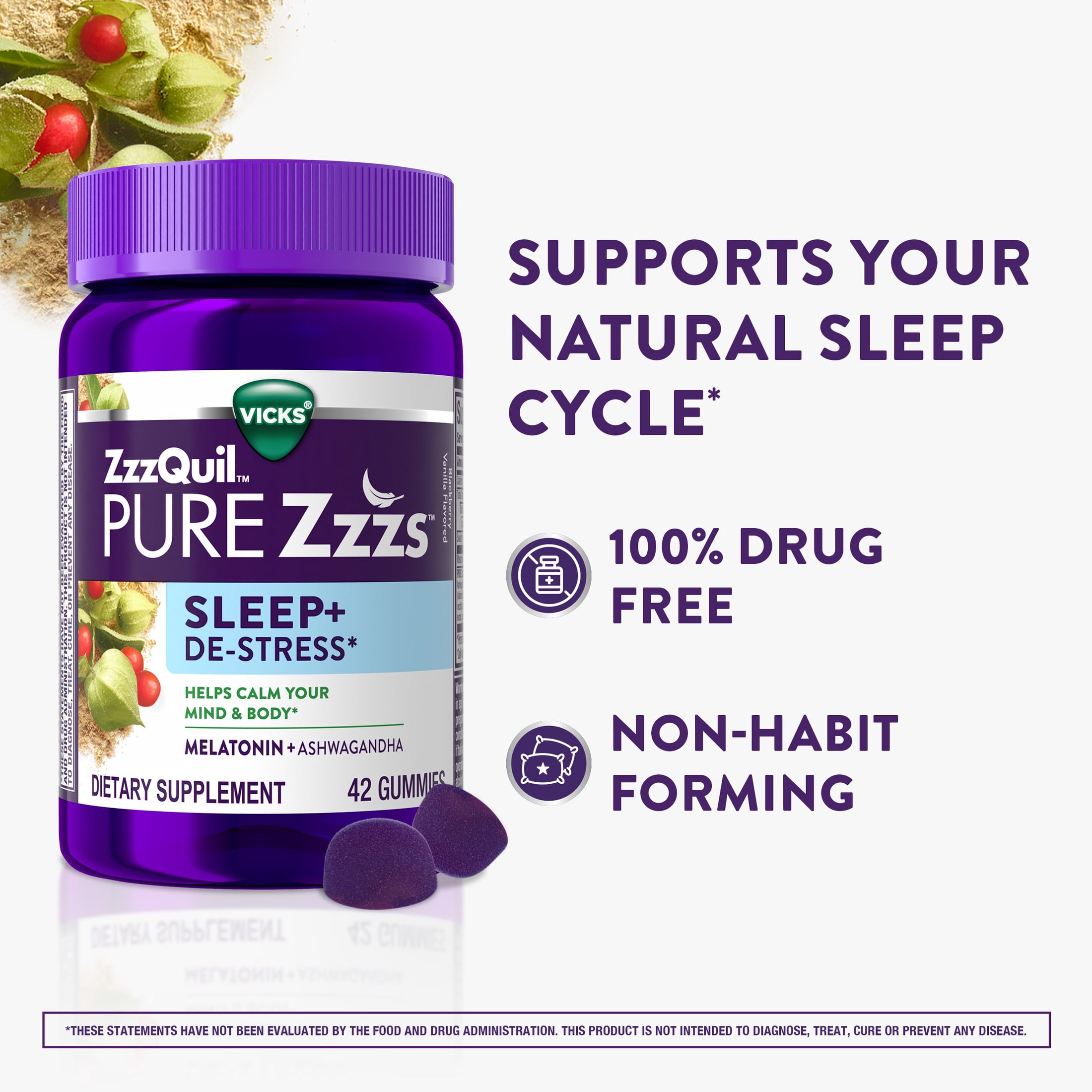 ZzzQuil PURE Zzzs De-Stress Melatonin Sleep Aid Gummies, Dietary Supplement, 42 Count