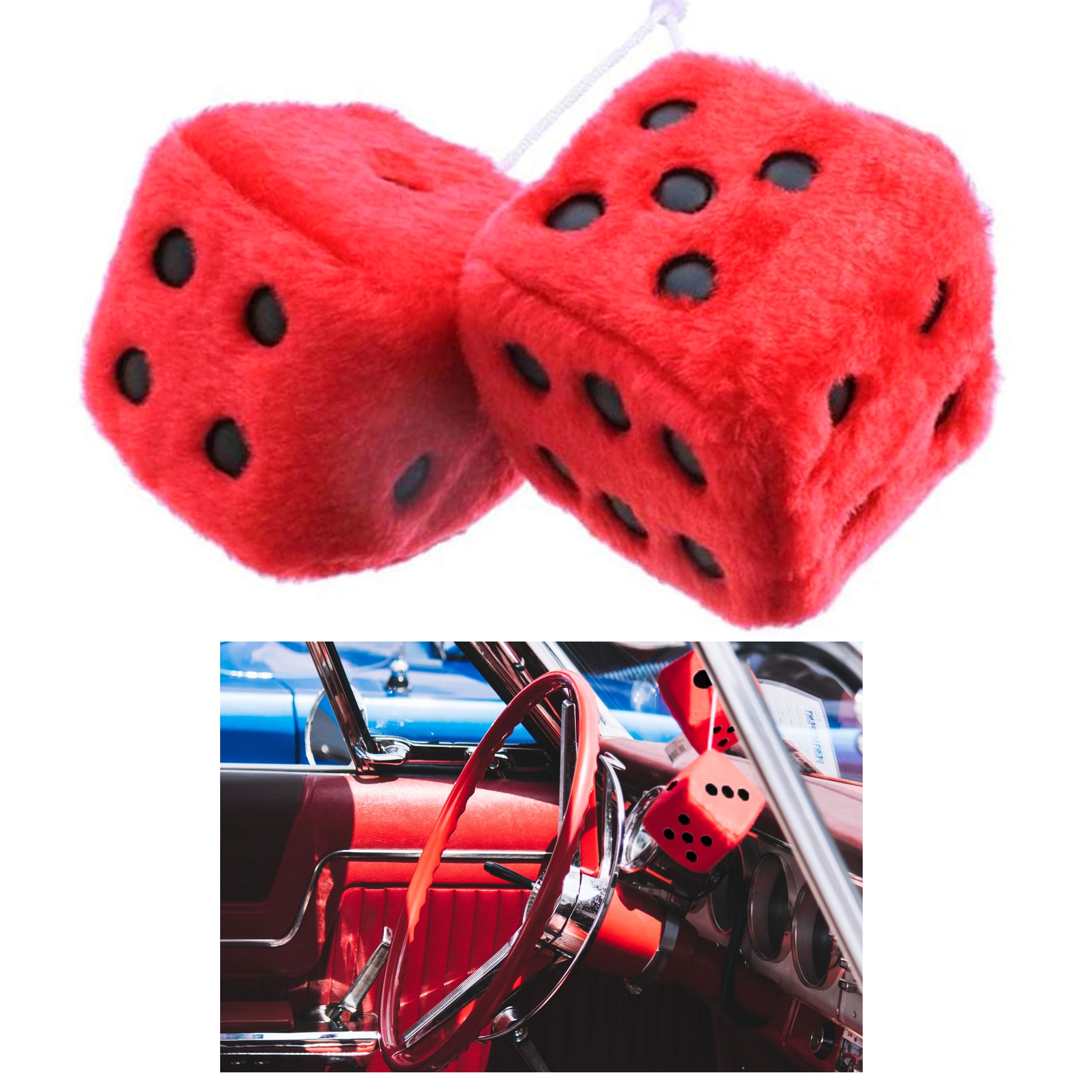 1 Pair Red Fuzzy Dice Vintage Car Plush Decor Hanging Rearview Mirror 2