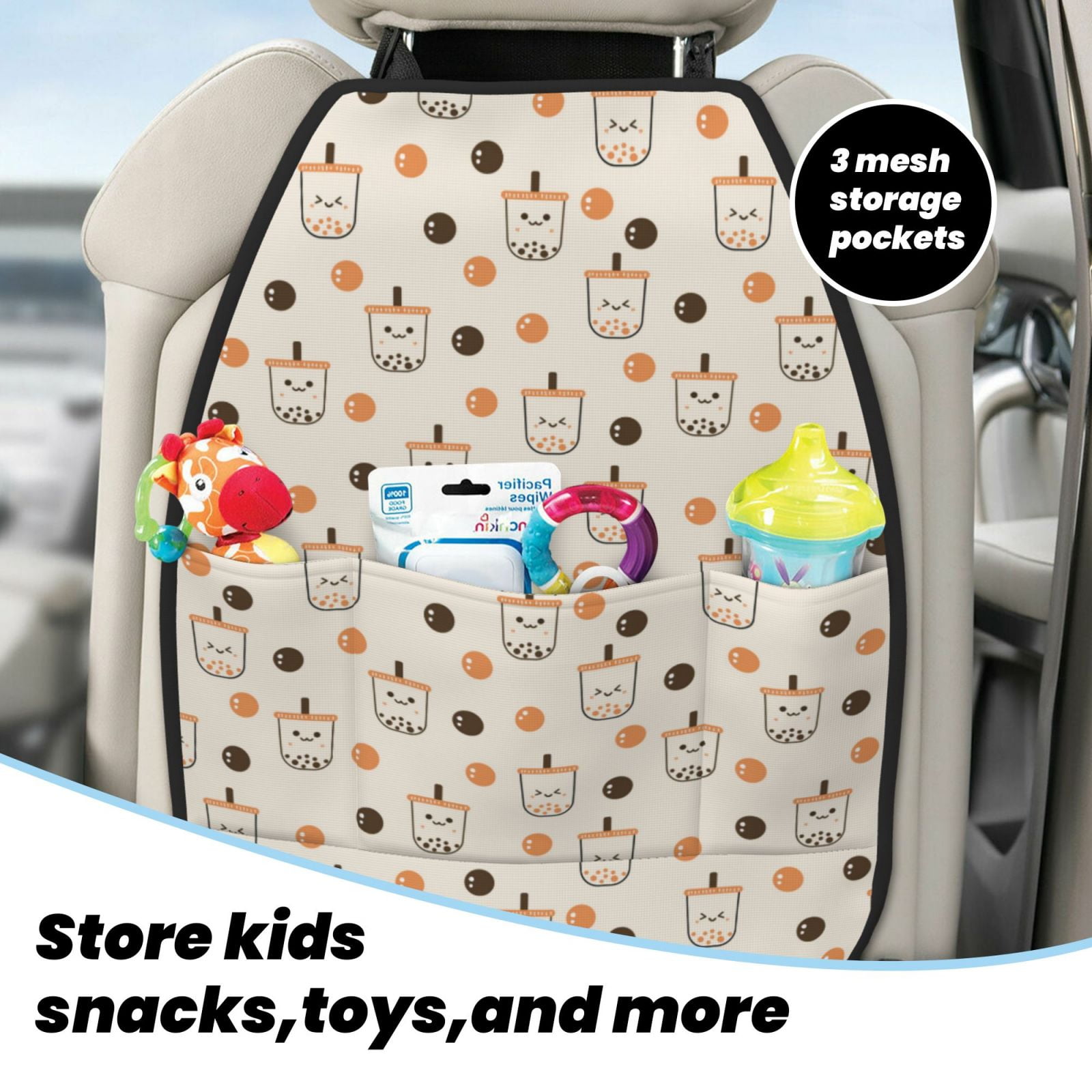 Xecao Milk Tea Pattern Car Seat Back Protector 2 Pack Large Capacity Pocket, Kick Mats Back Seat Protector