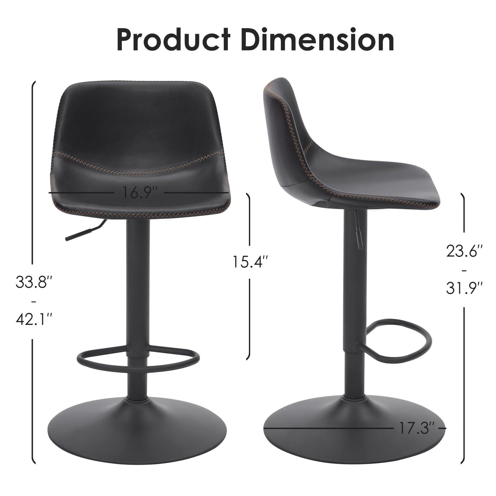 STARY Adjustable Bar Stools Set of 2, Modern Swivel Bar Stools, Bar Height Stools with Back Support, Pu Leather Bar Stool for Kitchen Island Counter