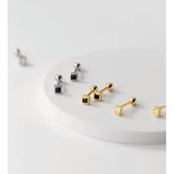 EOEMY Solid 925 Sterling Silver Small Sleeper Cubic Zirconia Stud Earrings Women-Silver-Black