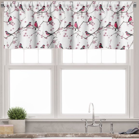 Ambesonne East Valance Pack of 2, Bullfinch Birds Sakura, 54"X12", Pink Black Grey