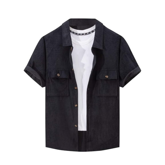 ZCFZJW Men's Short Sleeve Button Down Casual Woven Shirt with Two Chest Pockets Classic Fit Summer Regular Fit Beach Vacation Tees Shirt Tops Black L