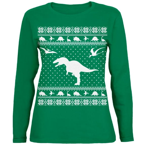 Dinosaurs Ugly XMAS Sweater Green Womens Long Sleeve T-Shirt - 2X-Large