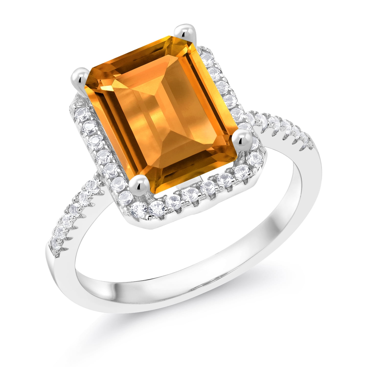 Gem Stone King 925 Sterling Silver Yellow Citrine Engagement Ring for Women (3.26 Cttw, Emerald Cut 10X8MM, Gemstone November Birthstone, Available in Size 5,6,7,8,9)