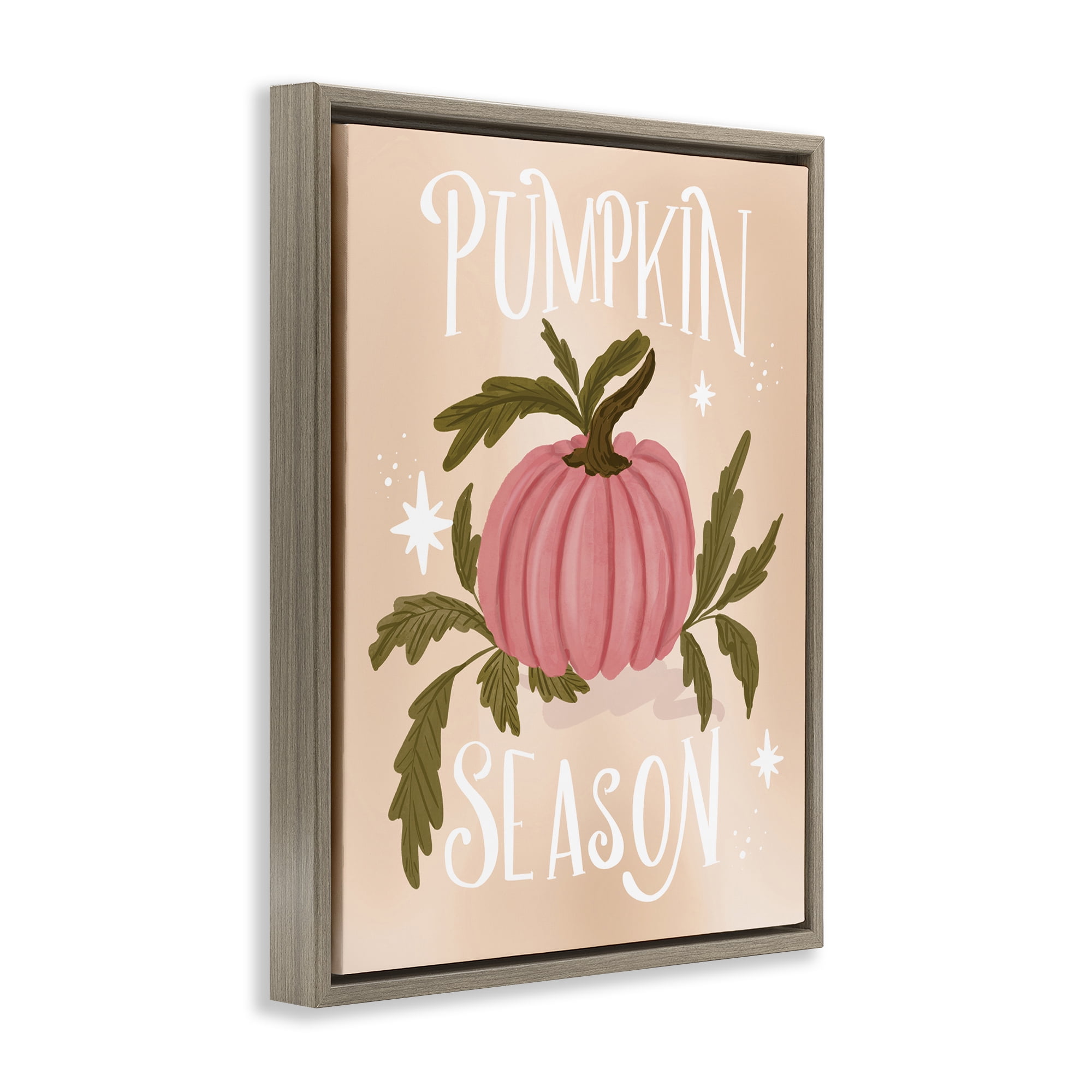 Stupell Industries Pumpkin Season with Leaves Plants & Flowers Painting Brown Floater Framed Canvas Art Print Wall Art, 17 x 21