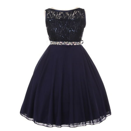 - Girls Navy Sparkle Sequin Lace Chiffon Occasion Dress