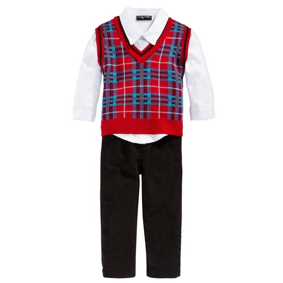 Only Kids Infant Boys 3 Piece Dress Up Outfit Pants Shirt & Red Sweater Vest 24m