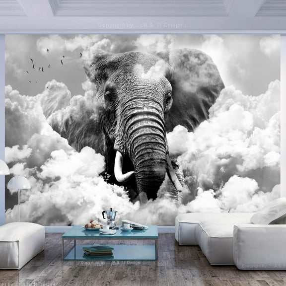 Tiptophomedecor Animal Wallpaper Wall Mural - Elephant In The Clouds Black And White