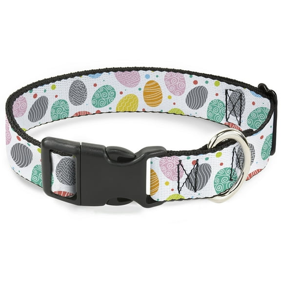 Buckle-Down Pet Collar, Dog Collar Plastic Buckle, Easter Eggs Decorated Eggs Scattered White Multi Color, 7 to 8.5 Inches 0.5 Inch Wide