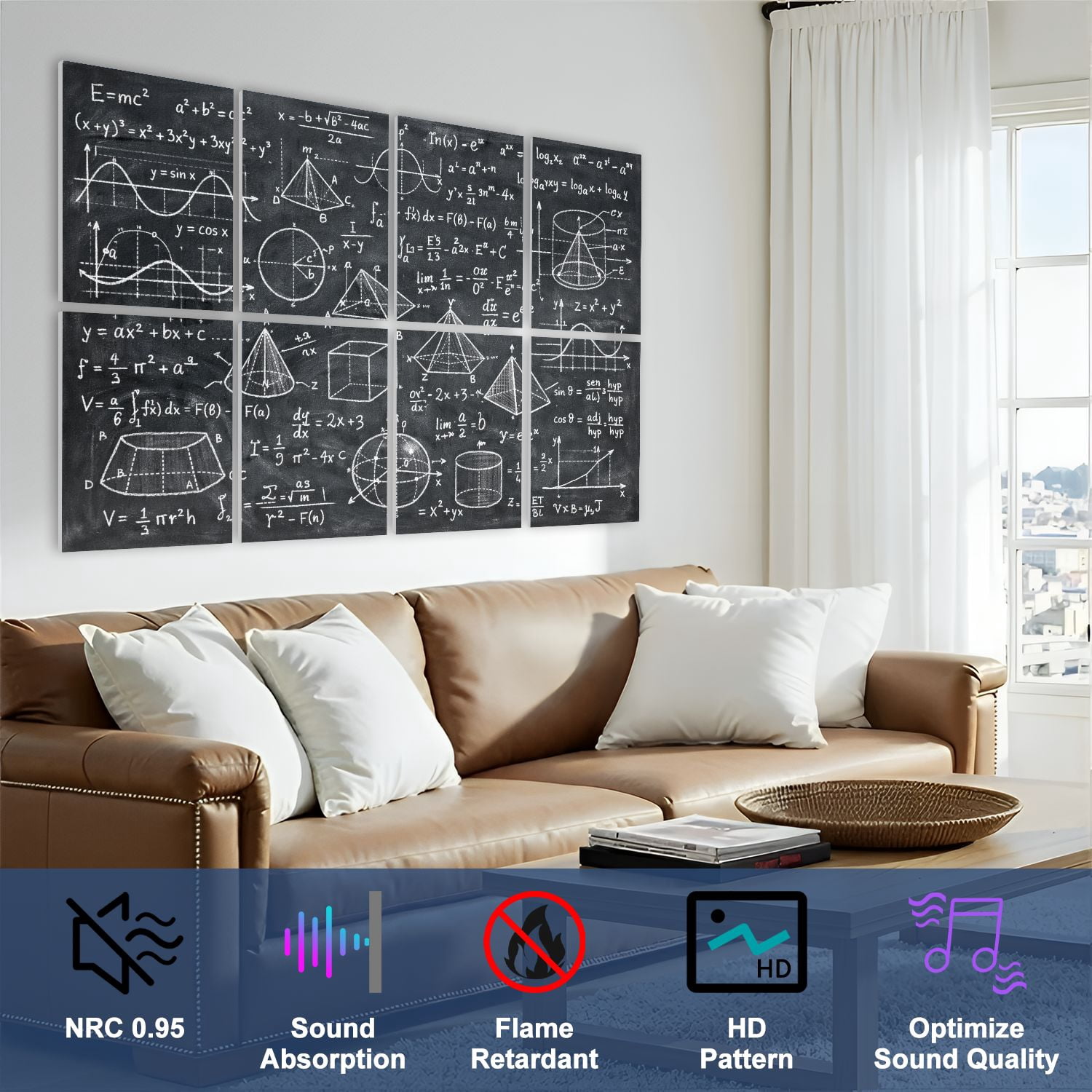 Classroom 8 Pack Art Acoustic Panels Sound Absorbing Mathematical Equations Geometric Diagrams Blackboard Decorative Soundproof Wall Panels Self Adhesive for Nursery Kids Game Room 48"x32"