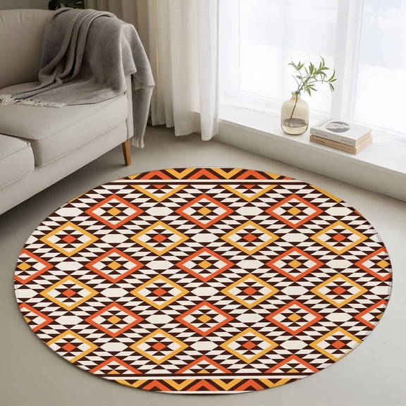 Boho Round Area Rug 4Ft Washable Circle Rugs for Bedroom Dining Room, Abstract Geometric Ethnic Bohemia Textured Non-Slip Carpet Floor Mats Indoor Outdoor Carpet Runner Aesthetic Home Decor