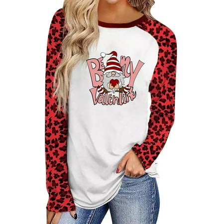 

Wiueurtly Women s Valentine s Day Print Leopard Print Long Sleeve Round Neck Sweater Top plus Size And Tops Scrub Top plus Size