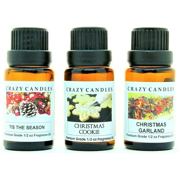 Crazy Candles 3 Bottles Set, 1 Tis The Season, 1 Christmas Garland, 1 Christmas Cookie 1/2 Fl Oz Each (15ml) Premium Grade Scented Fragrance Oils