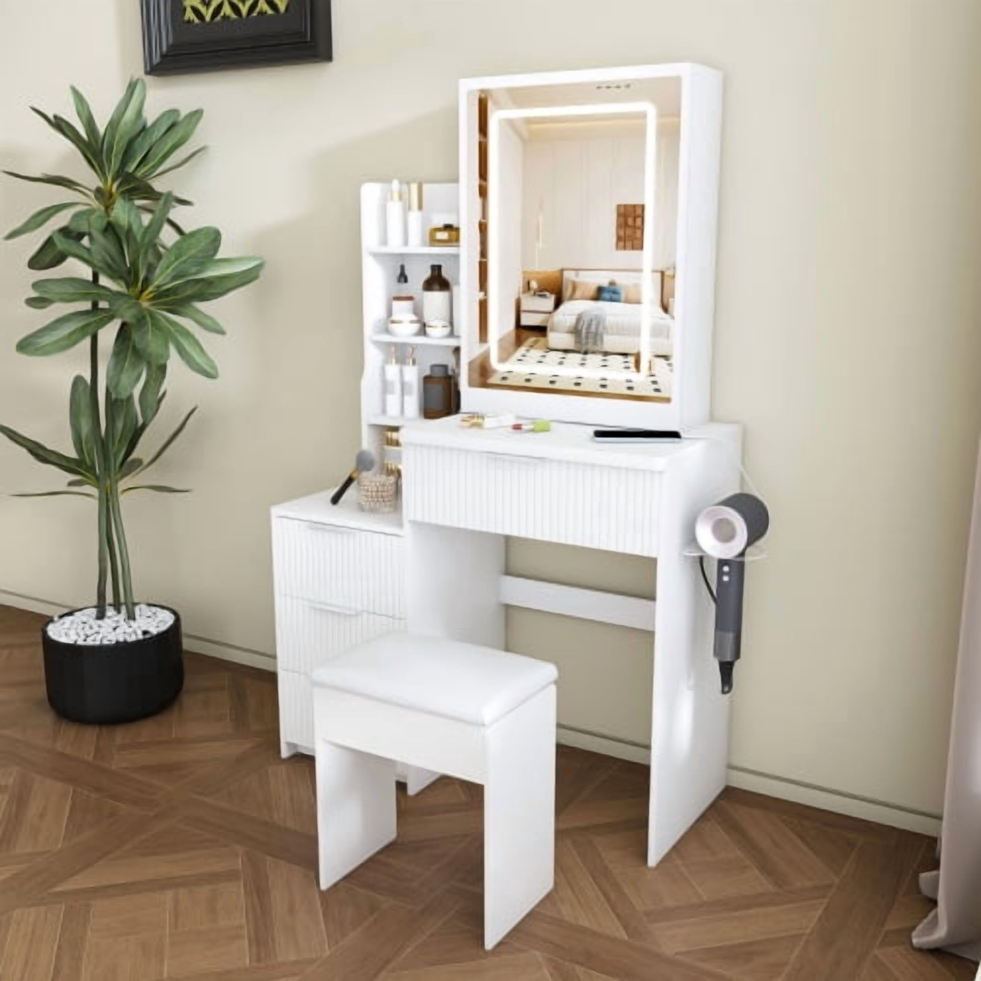 Modern Vanity Desk ,featuring 3 modes of LED lighting with adjustable brightness , with 4 drawers and multiple open storage shelves, with a hair dryer holder and power socket, a dressing chair.white