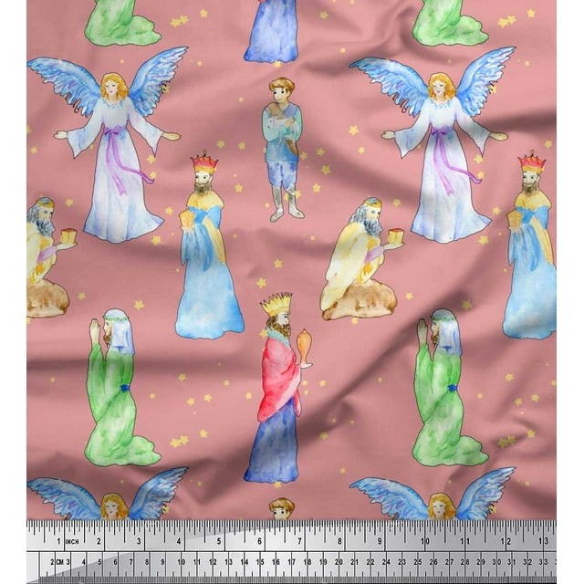 Soimoi Polyester Crepe Fabric King & Angel Watercolor Printed Craft Fabric by The Yard 52 Inch Wide