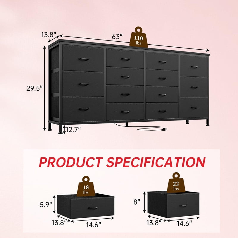 TROPOW 63" W Long Fabric Dresser TV Stand with 14 Drawers, Power Outlets, for 65 70 75 Inch TVs, Entertainment Center for Bedroom Living Room Storage
