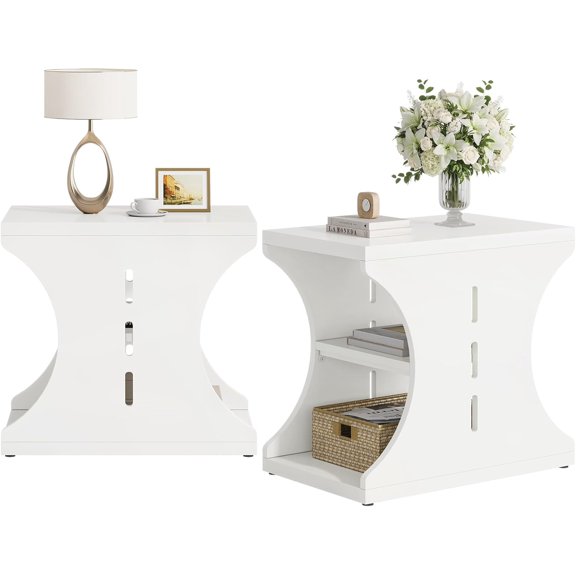 Modern End Table Set of 2, Wood Side Tables with Storage, 3-Tier Narrow Nightstand for Living Room, Bedroom, Small Spaces, Cream White
