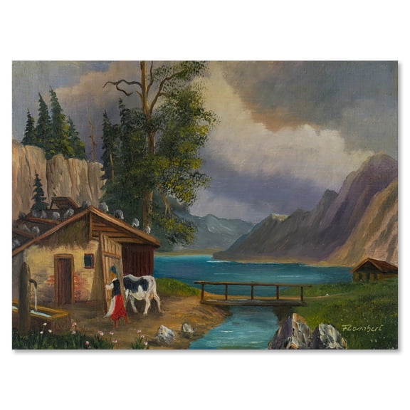 Designart ' Girl Brings The Cow Into The Stable At A Lake ' Farmhouse Canvas Wall Art Print