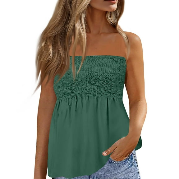 GceSteap Tube Tops for Women Strapless Tops Summer Bandeau Tank Tops Solid Tanks Smocked Ruffled Backless Sleeveless Shirts Green XL
