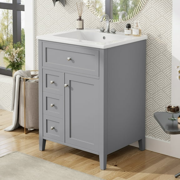 GDF Studio 24" Bathroom Vanity with Sink, Space Saving Cabinet with 3 Drawers and Adjustable Shelf, Gray