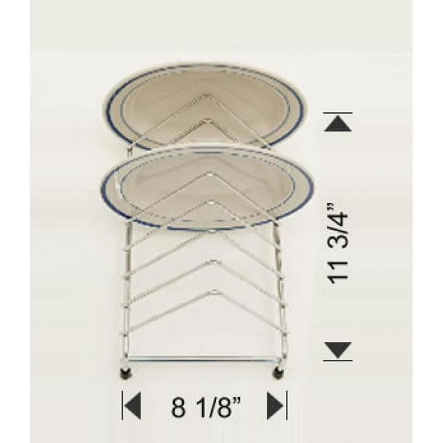 Metal kitchen plate rack designed to hold multiple plates, shown with two oval white plates featuring a blue rim, measuring approximately 8.125 inches wide and 11.75 inches tall.