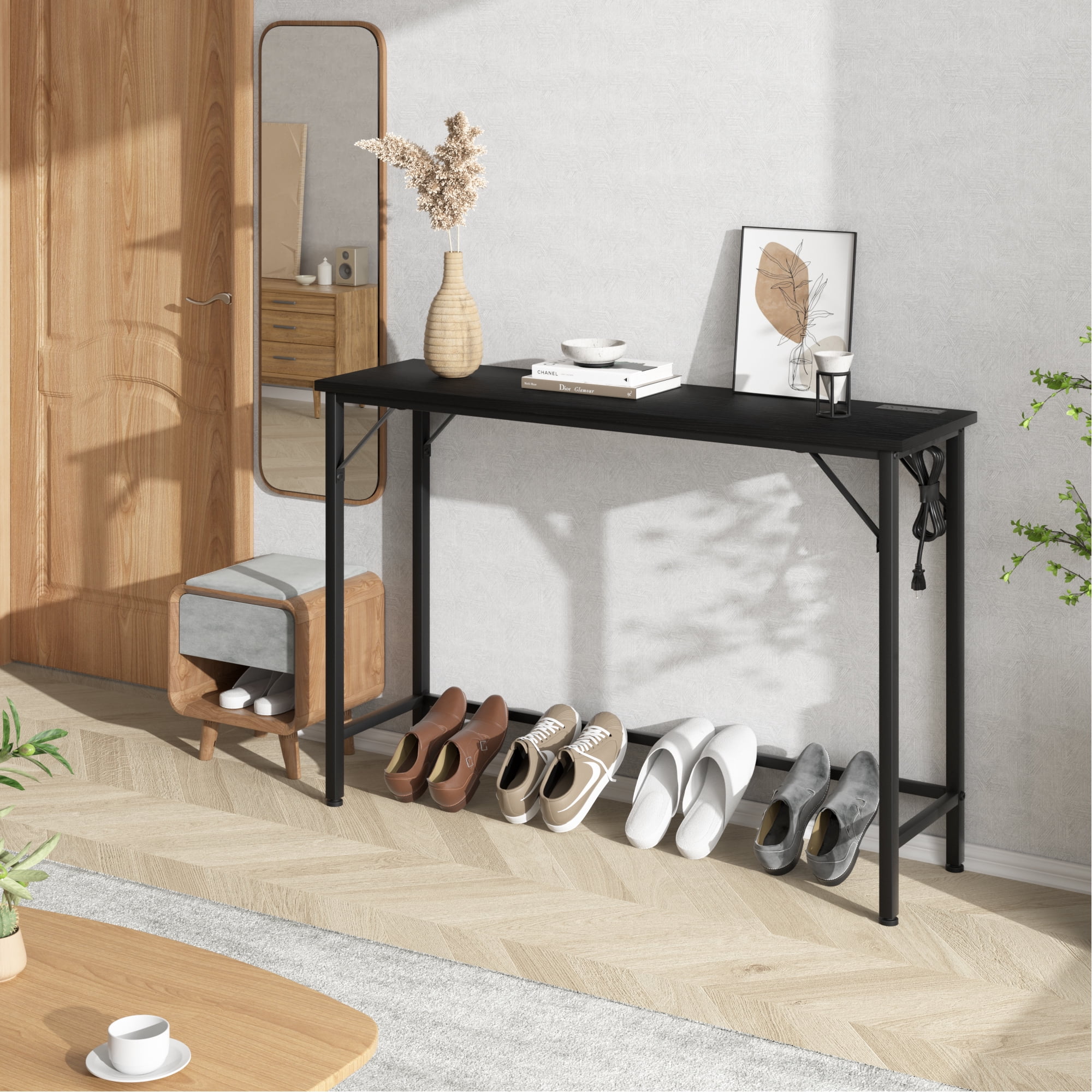 Aoile Narrow Console Table, Sofa Table with Outlets, Behind Couch Table for Living Room, Hallway Table for Entryway (Black)