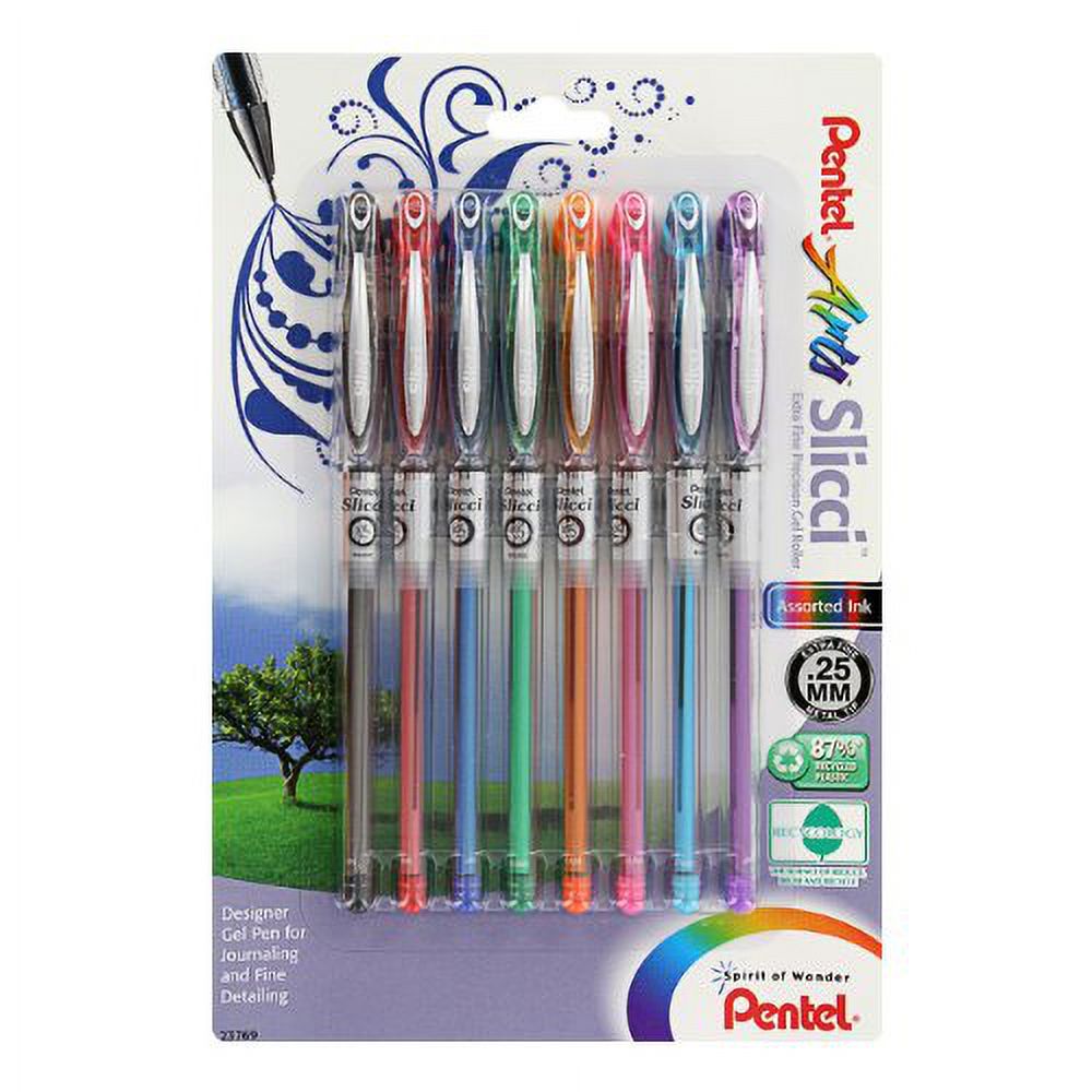 Pentel Arts Slicci 0.25 mm Extra Fine Gel Pen, Assorted Ink, 8 Pack (BG202BP8M)