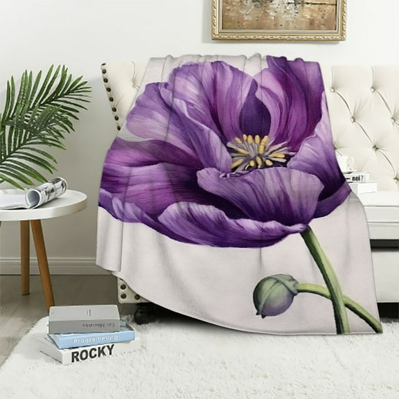 Pratyus Purple Flower Print Flannel Soft Plush Throw Blanket All Seasons Lightweight Anti-Pilling Wrinkle Resistant Bed Tapestry Wall Decor 40x50in