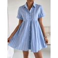 thumbnail image 3 of Light Blue Vertical Striped Shirt Dress For Women, Casual Short Sleeve Collared Mini Dress, 3 of 6