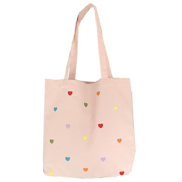 Bolso de mano de lona informal con estampado de corazones para mujer, bolso de mano de gran capacidad, bolso de hombro con bolsillos, bolsas de lona reutilizables para comestibles