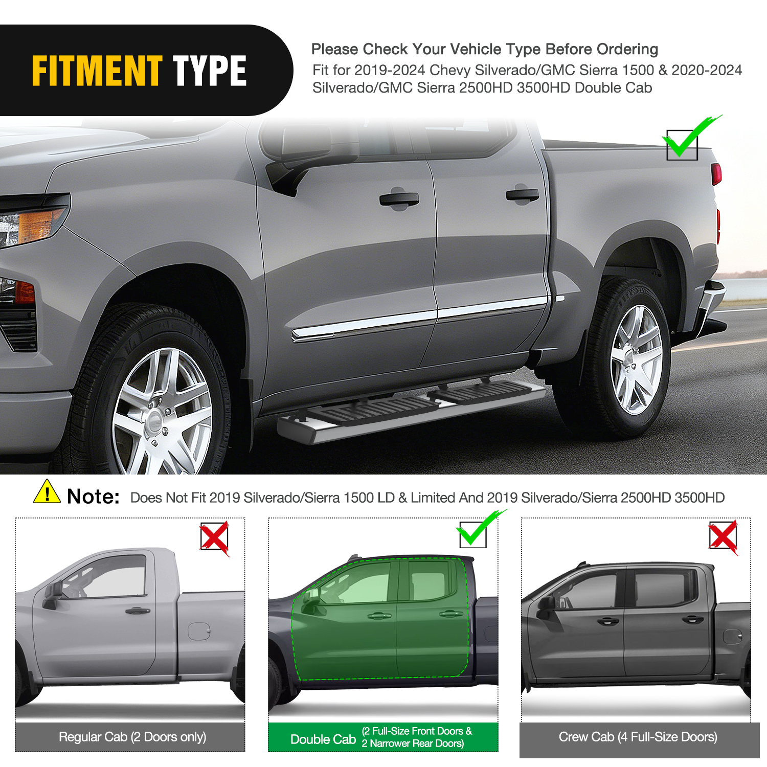 Nilight Running Boards for 2019-2024 Chevy Silverado/GMC Sierra 1500 Double Cab 2020-2024 Silverado/GMC Sierra 2500HD 3500HD 6 Inch Stainless Steel Bolt-on Side Step Nerf Bars