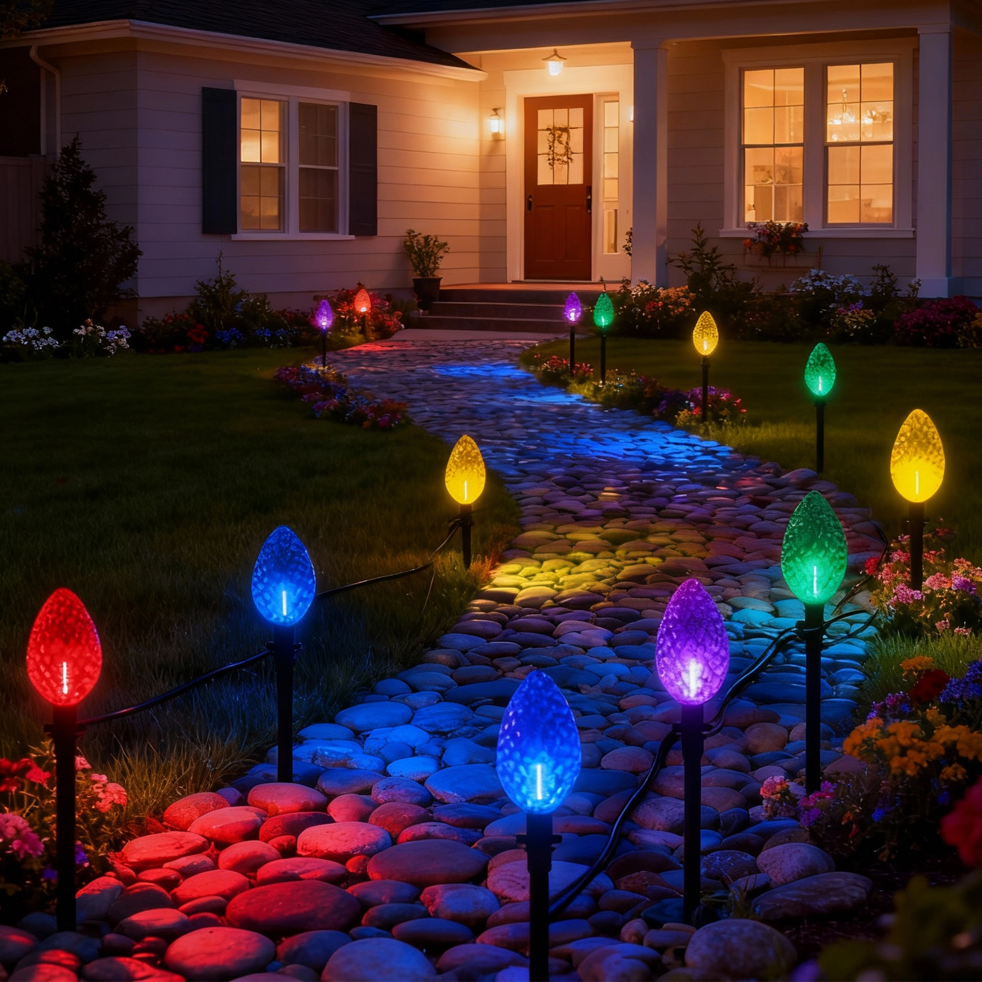 Beatineon 23ft C9 Faceted Pathway Lights, 12 Multicolor Christmas String Lights with 12 Ground Stakes, IP65 Waterproof Connectable Outdoor Decor, ETL Listed