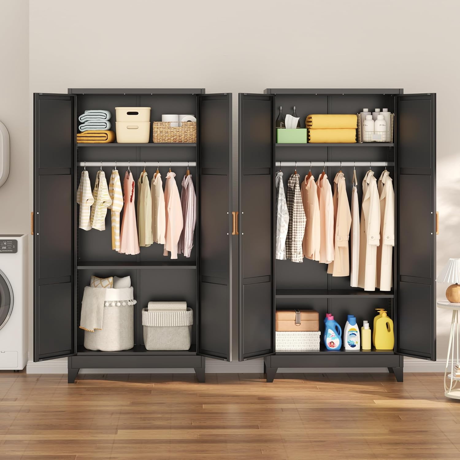 SOLAURA Metal Armoire Wardrobe Closet with Hanging Rod, 71" H Storage Cabinet with Adjustable Shelves, Freestanding Closet Cabinet for Garage, Home, Office (Black)